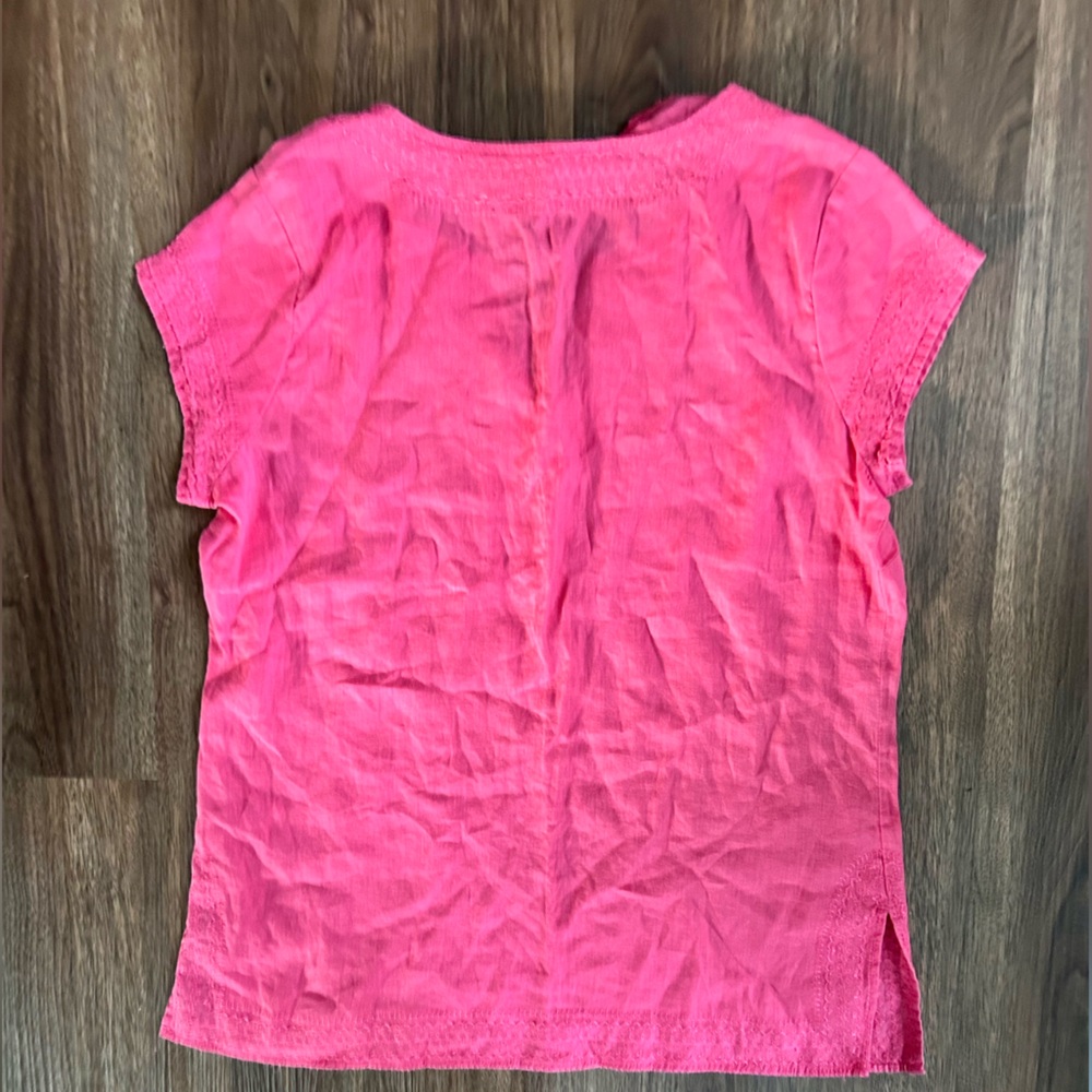 SAINT TROPEZ 100% Linen Embroidered Notch Neck Short Sleeve Top Casual Pink Sz M - Picture 10 of 16